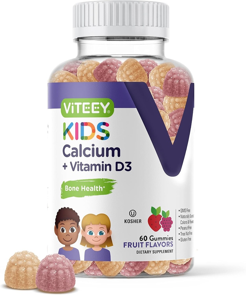 D3 Vitamini Olan Çocuk Kalsiyum Gummies - Bone Health & Tooth Health - Doğal Kaynaklı Kalsiyum 500 mg Plus D3 1000iu - Gluten Free, GMO Free - Tasty Chewable Fruit Flavored Gummy