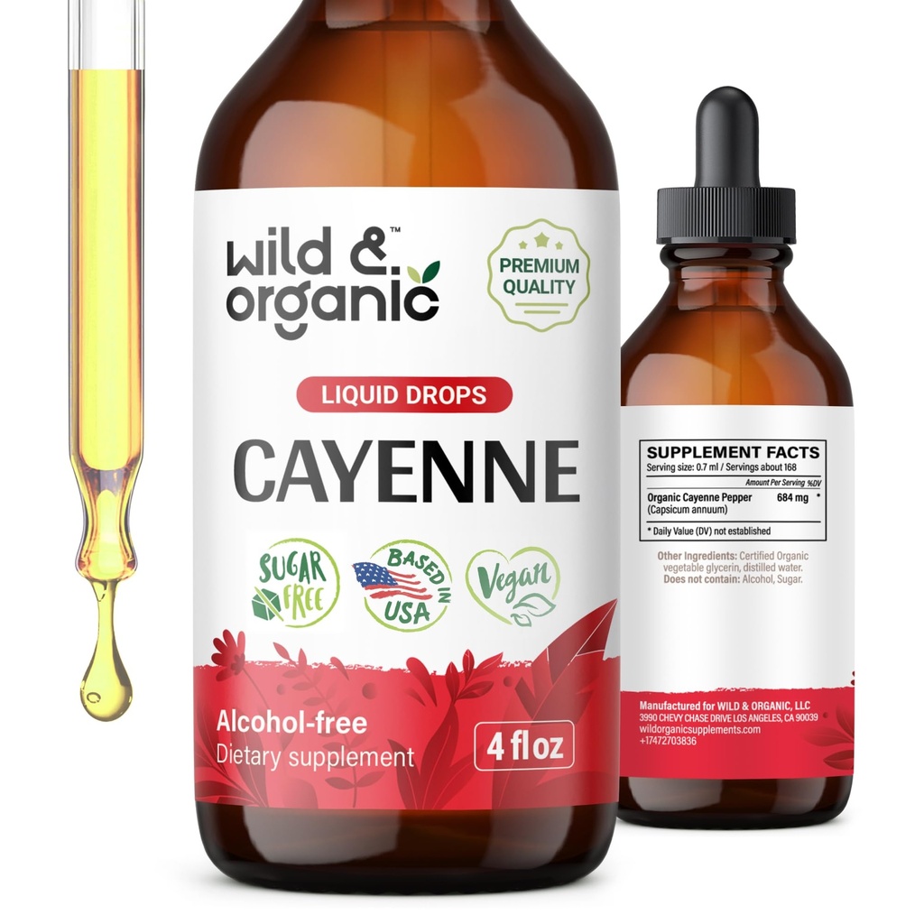 Vahşi & Organik Cayenne Pepper Tincture - Capsaicin Extract ile Kalıcı Destek - Cayenne Pepper Sıvısı Genel olarak İyi Olmalı - Vegan, Şeker & Alkol Özgür - 4 fl ozzz