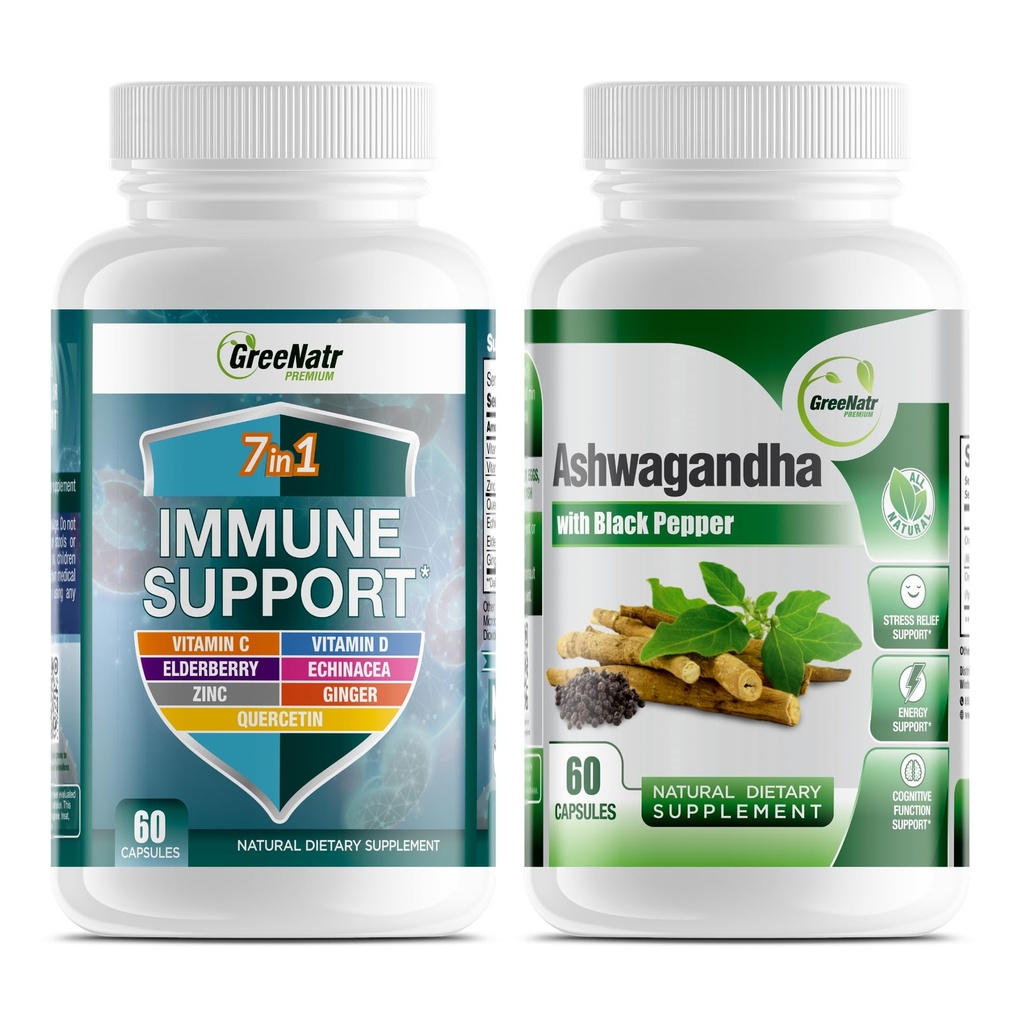 GreeNatr 7in-1 Immune Support Supplement with Vitamin C, Vitamin D3, çinko 50 mg, Quercetin, Organik Ashwagandha Capsules ile Kombine Edilmiş Absorps