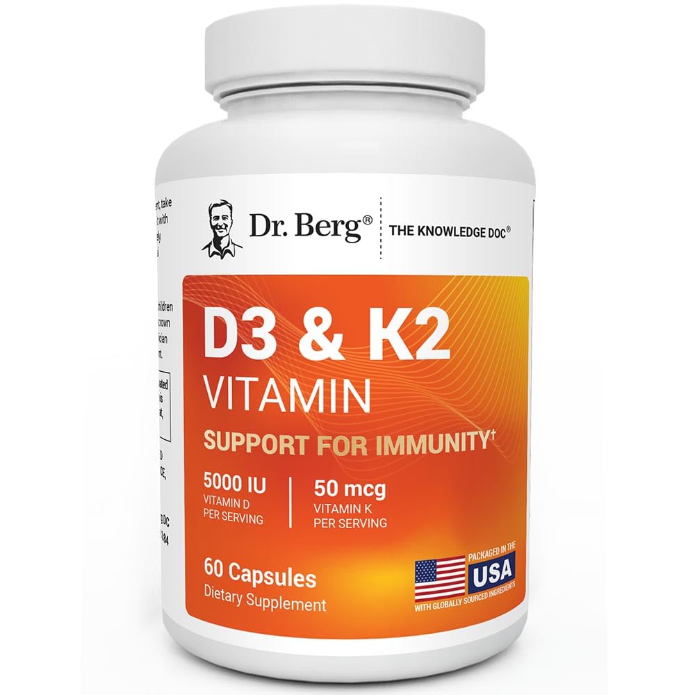 Dr. Berg En Güçlü 2in-1 Vitamin D3 K2 5000 IU | Doğal Türlü D3 | 4X Lab-Tested & TYS Doğrulanmış | Yüksek Aborpsiyon Formula | K2 D3 Vitamin Tamam - 60 Capsules