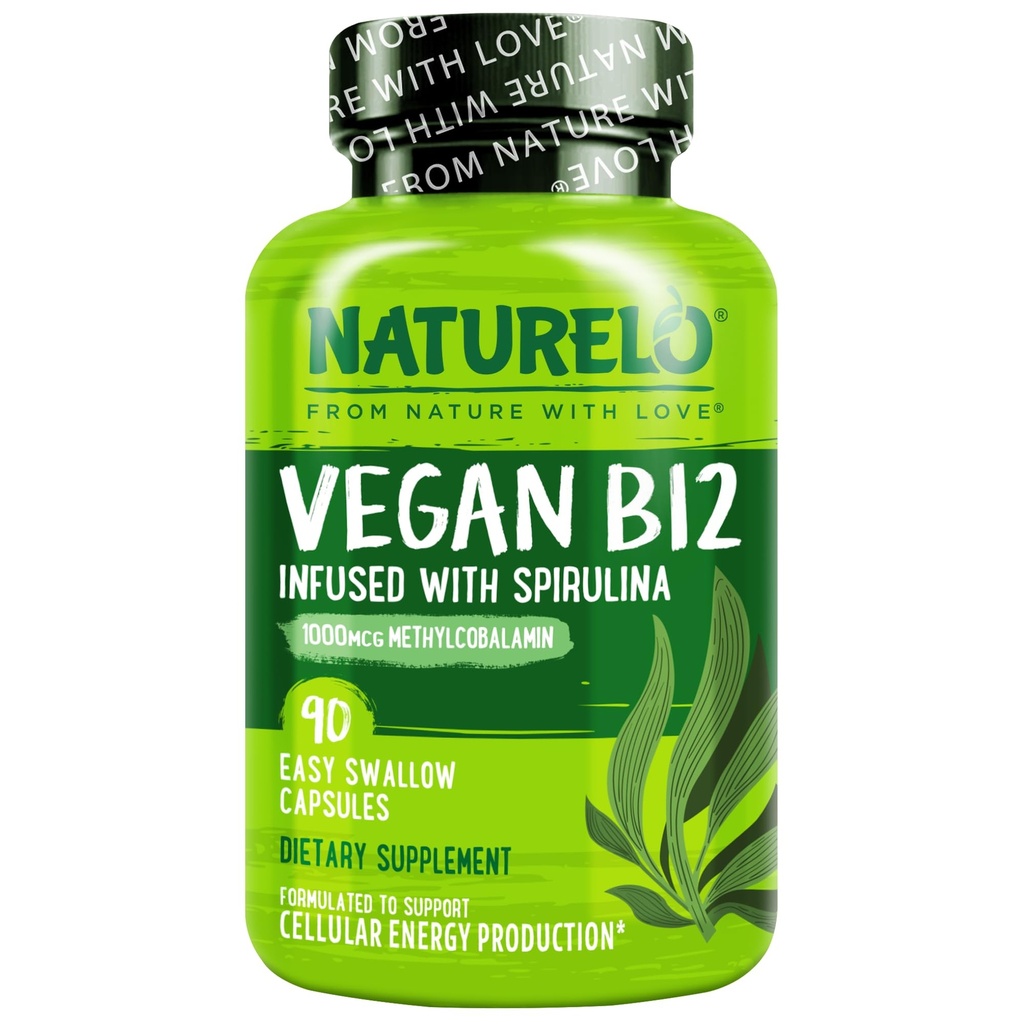 NATLO Vegan B12 - Organik Spirulina ile Metrik B12 - Yüksek Potency Vitamin B12 1000 mcg Torchcobalamin - Sağlıklı Mood, Enerji, Kalp ve Göz Sağlığı - 90 Capsules