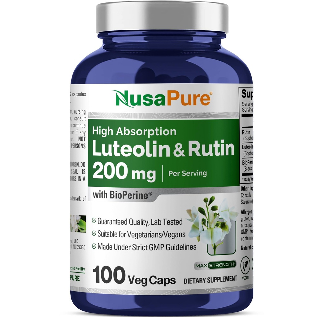 NusaPure Luteolin Kompleksi ile 200 mg | 100 Capsules | Vegetarian, Non-GMO & Vegan Flavono