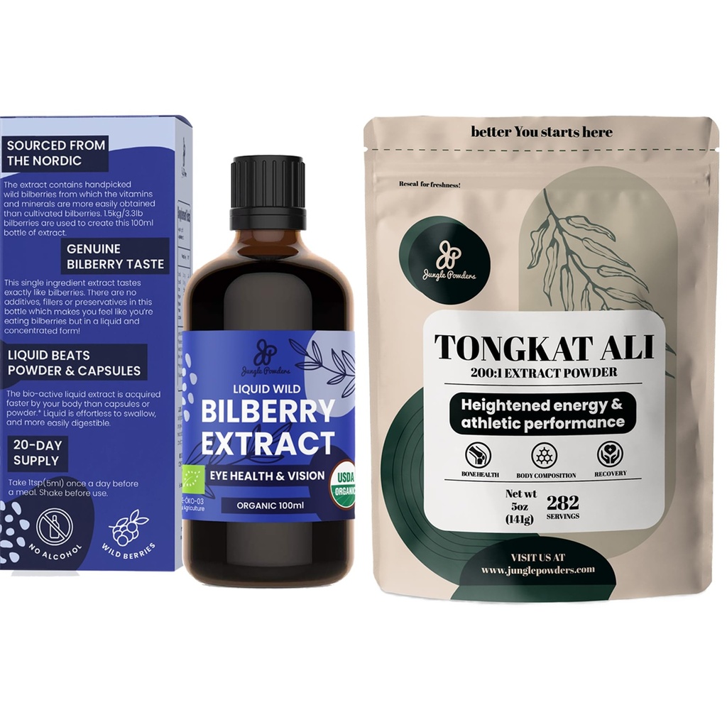 Orman Tozları Tongkat Ali for Men Tozs 200:1 Extract 5 Ounce Bag, Wild Bilberry Türlü Gözler Organik 3.4oz Şişe Bilberry Supplement for Eyes