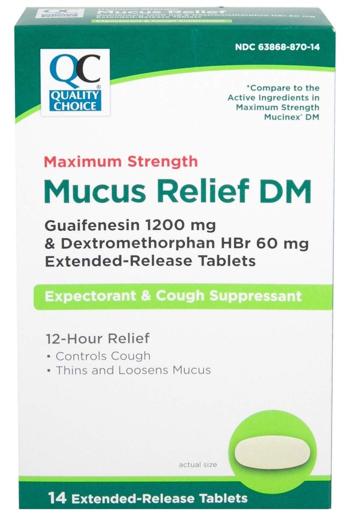 Kalite Seçimleri En Güçlü Mucus Relief DM, Cough Suppressant ve Bekleyici, 12 Saat Yardımı, Guaifenesin 1200 mg ve Dextromethorphan HBr 60 mg Genişletilmiş Bilet Tabletleri, 14 Kont