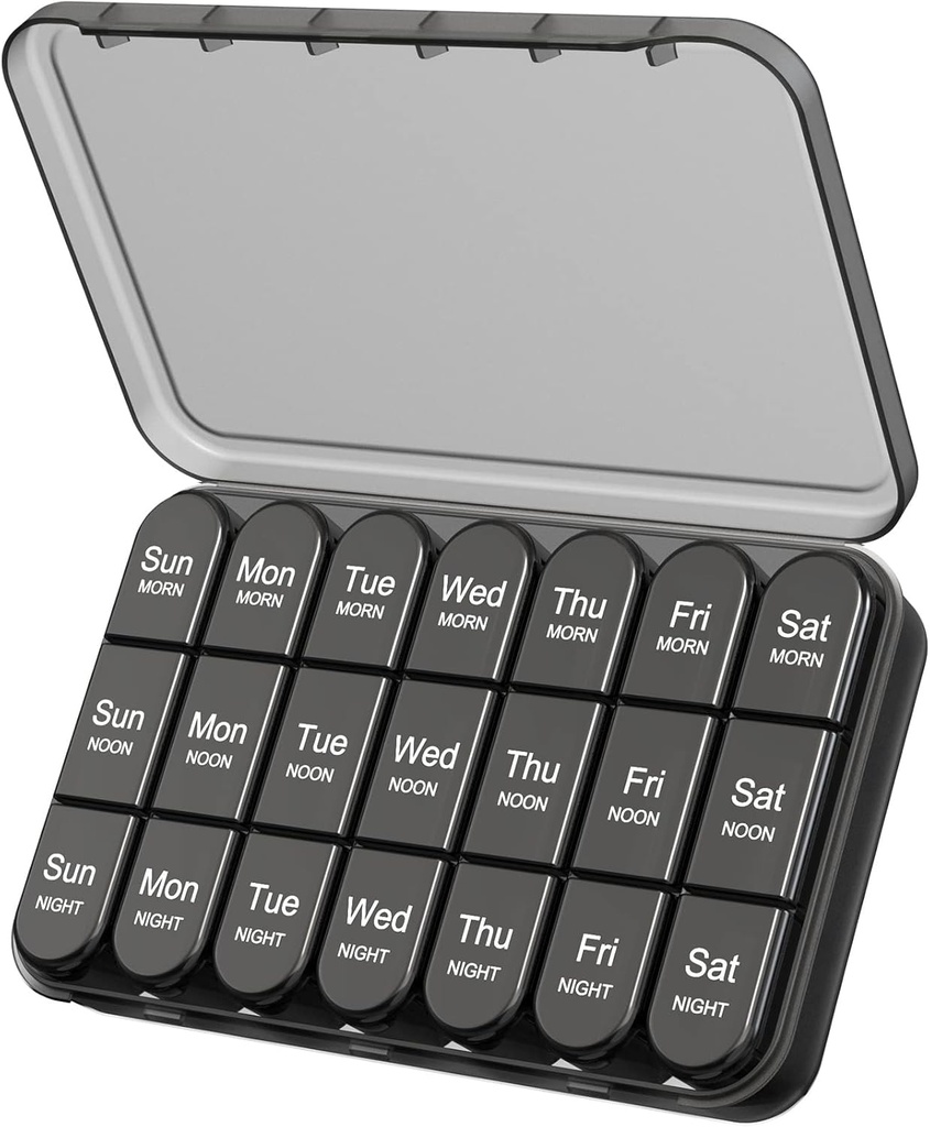 Daviky Pill, günde 3X'i organize edecek, Pill Box 7 Günü, Seyahat Pill Case with Large Containers, Light-Proof Pill Case for Vitamins, Drug, Supplements and Fish Oils (Black)