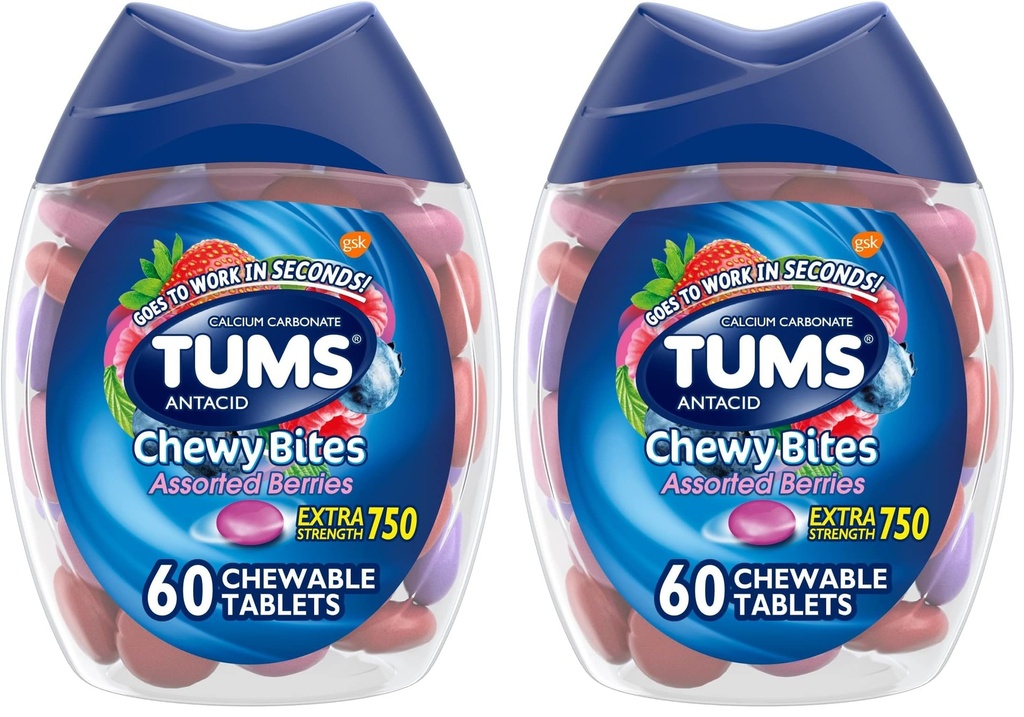 TUMS Chewy, Chewable Heartburn Relief ve Acid Indigestion Relief için Antacid Tabletleri Bites - 60 Kont (Pack of 2)