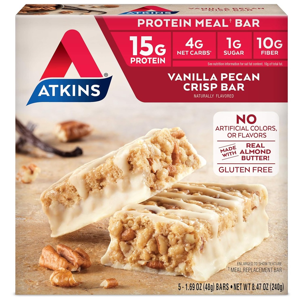 Atkins Vanilla Pecan Crisp Protein Meal Bar, Yüksek Fiber, 1g Sugar, 4g Net Carb Meal Change, Keto Friendly, 5 Count Count Count Count