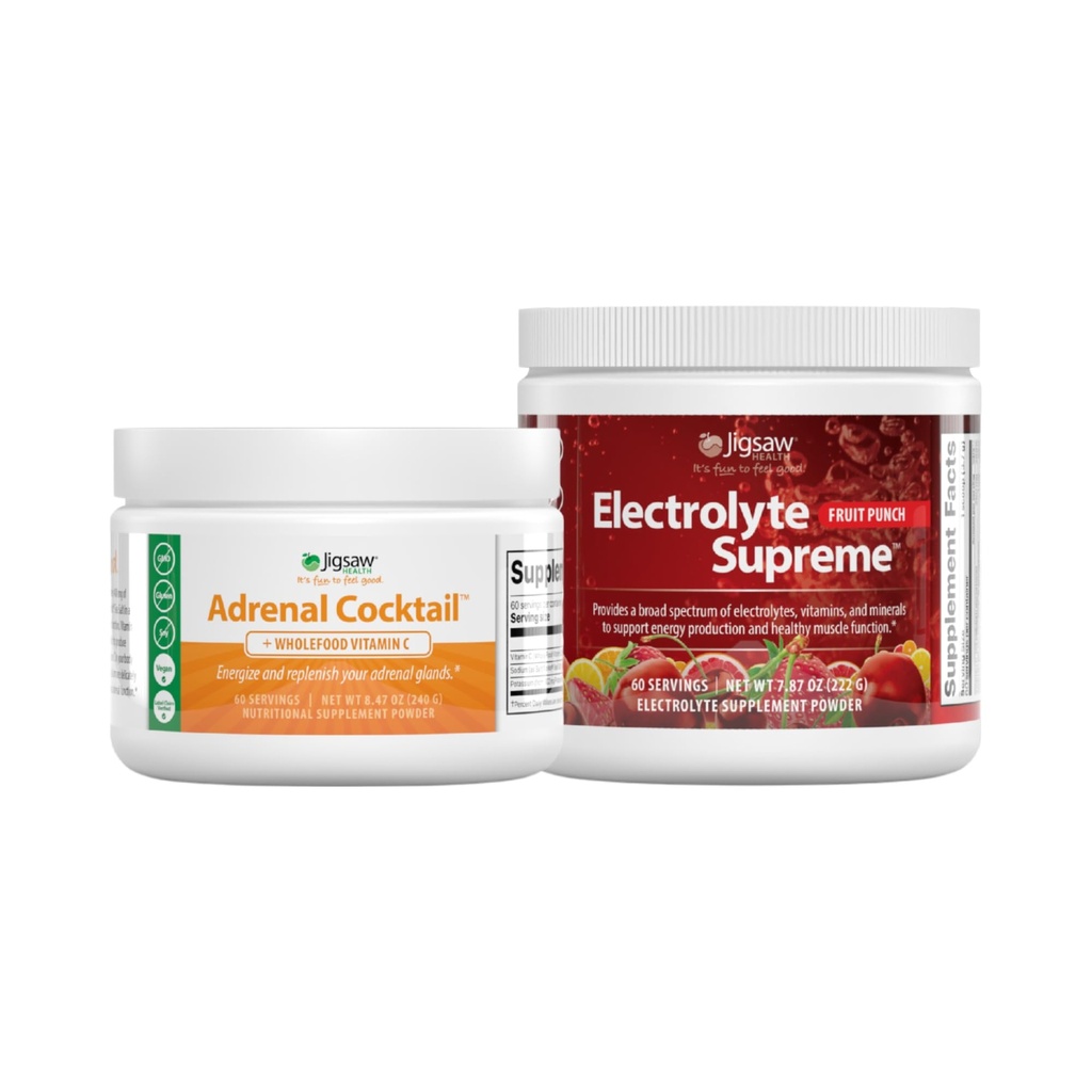 Jigsaw Health Sche | Adrenal Cocktail, 60 Hizmet (Jar), ve Electrolye Supreme (Fruit Punch), 60 Hizmet (Jar)