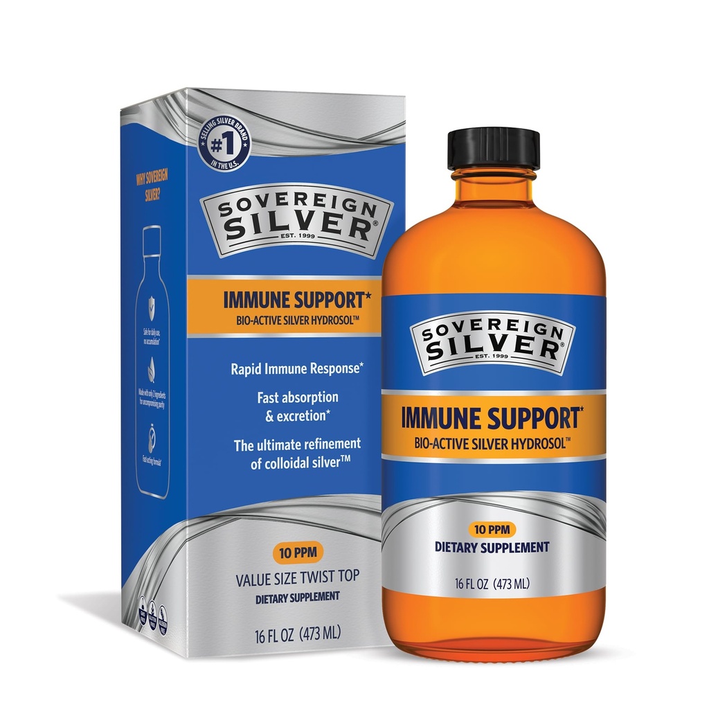 Sovereign Silver Immune Support - Colloidal Silver, Bio-Active Silver Hydrosol, 10 ppm, Liquid Twist Top, 16 Fl Oz, (473 mL)