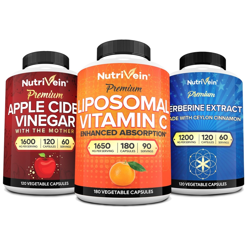 Nutrivein Premium Berberine, Apple Cider Vinegar, & Liposomal Vitamin C Supplement Sche: High-Ab Metaboli C Capsules, ACV Capsules, & Berberine Supplement for Wellness & Immunity