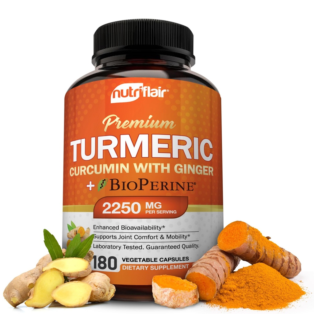NutriFlair Turmeric Curcumin with Ginger and BioPerine Black Pepper Supplements, 180 Capsules -% 95 Curcuminoids - Ortak Destek, Antioksit - Natural, Non-GMO, Vegan En Az Potency