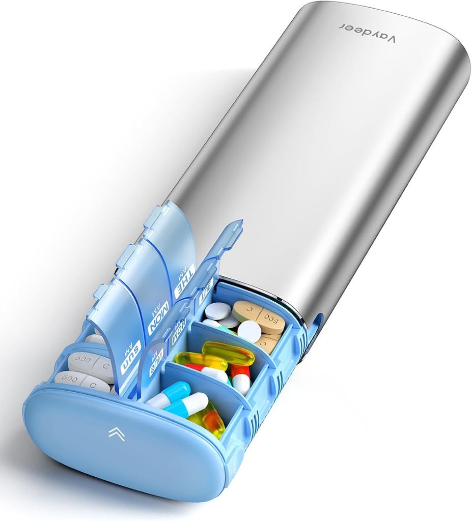 Vaydeer 7 Günlük Pill Organizer 2 Zaman Bir Gün, Metal Am Pm Seyahat Pill Case, Büyük Kapasite İki Günlük Sevimli Pill Box for Supplements, Pills, Vitamins and Drug (Sliver)