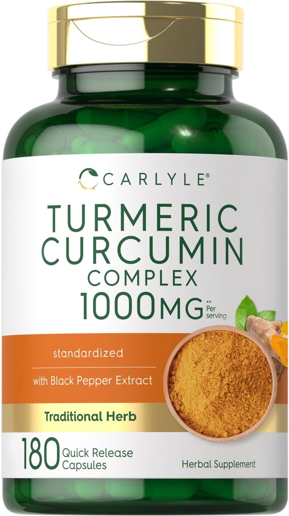 Carlyle Turmeric Curcumin with Black Pepper 1000mg | 180 Capsules | Turmeric Kompleksi Supplement | Non-GMO, Gluten Free