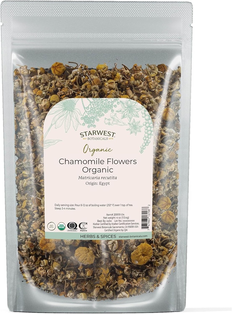 Starwest Botaniks Organik Chamomile Çiçekler Tüm - Kuru Loose Leaf Herb for Tea, Herbal Lotions, & Baking, Mısır'dan Kaynaklandı, sertifikalı Kosher, Non-GMO - 4 oz Pouch