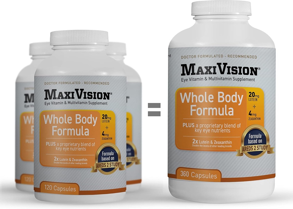 MaxiVision® AREDS 2 Whole Body Formula - AREDS 2 Eye Vitamins w/Lutein ve Zeaxanthin - Macular Destek için - Eye Supplements for Eye Strain - 360 Capsules Count (360 Capsules 1 Şişe)