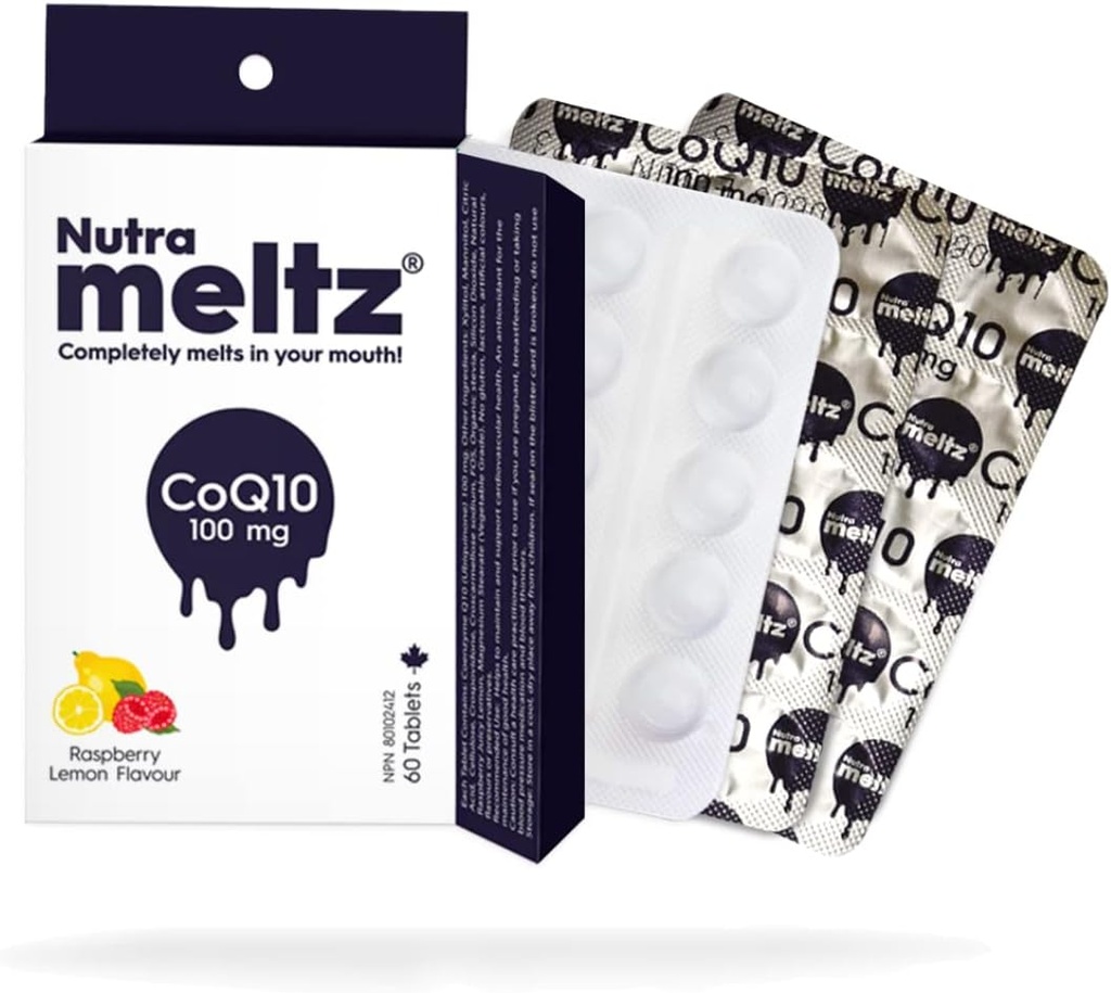 Nutra meltz CoQ10 100 mg – Coenzyme Q10 Desteks Kalp Sağlığı, Enerji Üretimi Enzyme Deficiency için Tabletleri Hızlandırmak - Raspberry & Lemon Flavor (60 Tablet)