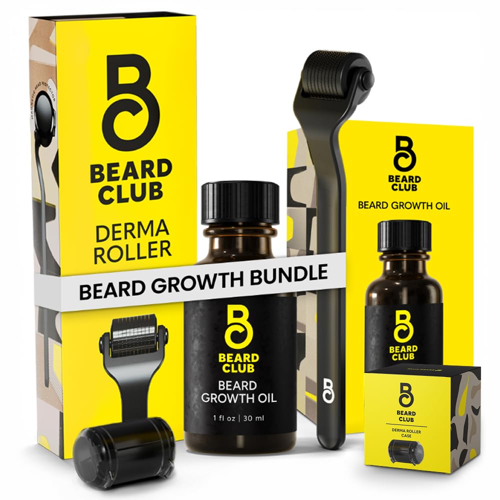 Beard Club Premium Derma Roller & Beard growth Oil - Microneedling Roller with 540 Titanyum Microneedles for Face, Body and Scalp - Beard Roller with Sandalwood & Cedar Beard Oil