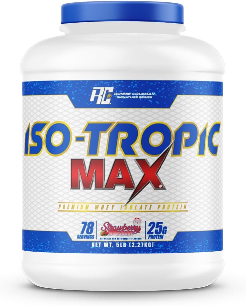 Ronnie Coleman Signature Series Whey Isolate Protein Powder, Pre Workout Shake Mix for Lean Muscle Mass & Post Workout Recovery, Iso-Tropic Max, Strawberry Milkshake Flavor, 5 lbs, 75 Servings