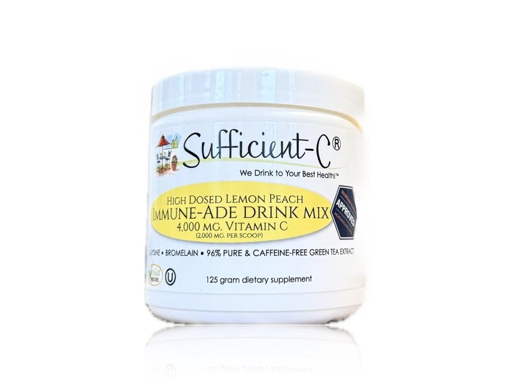 Sufficient-C High Dose Non-GMO Vitamin C Limon Peach Immune-Ade Drink Mix, 125 Gram Boyut w/L-lysine, Bromelain & a Premium % 96 Pure Green Tea Extract - Stomach Friendly, Adrenal Supportive