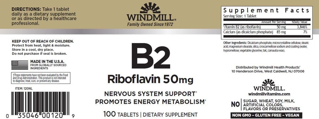 Windmill Vitamin B-2 50 mg Tabletleri - 100 ea (6 Pack)