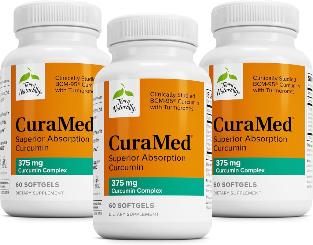 Terry Naturally CuraMed 375mg - Antioxidant Supplement for Brain & Immune Health Support - Dietary Supplement with Curcumin & Turmeric Essential Oil - Herbal Liver Support - 60 Softgels (Pack of 3)