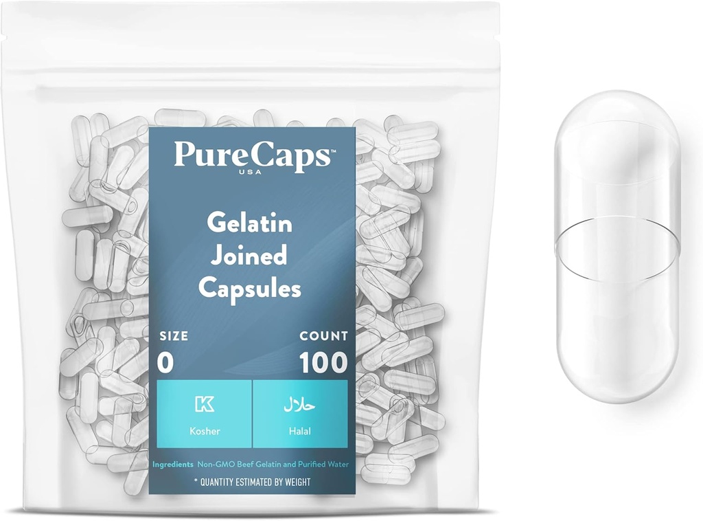 PureCapsUSA - Boş Gelatin Pill Capsules Boyutu 0| 100 Joined Pills| Clear| Non-GMO Sertifikalı| SLS, Gluten, Preservative Free Free