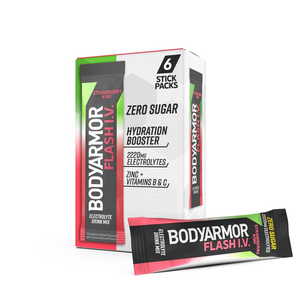 BODYARMOR Flash IV Elektrolyte Packets, Strawberry Kiwi - Zero Sugar Drink Mix, Single Serve Packs, Coconut Water Toz (6 Count)