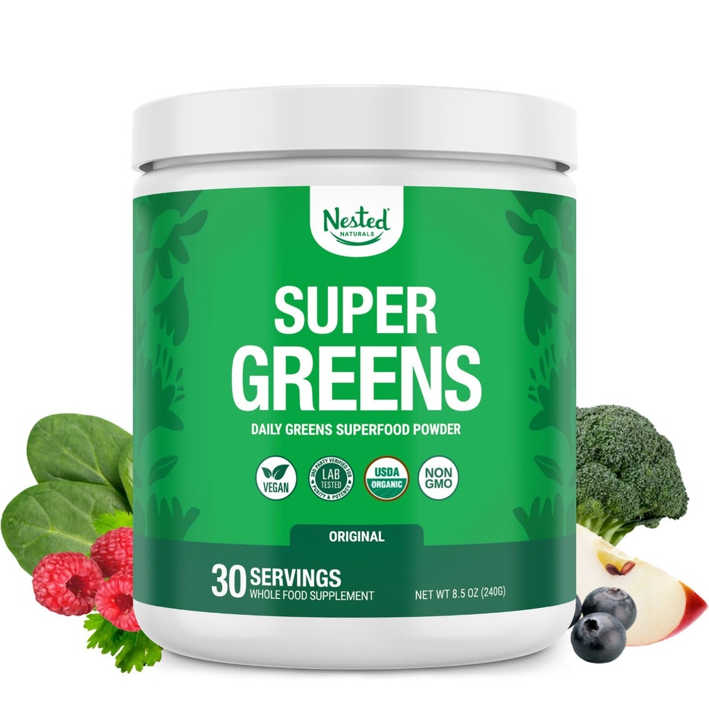 Nested Naturals Super Greens Daily Superfood Toz - sertifikalı USDA Organik Yeşil Toz w/20+ Tüm Gıdalar, Spirulina Toz,Wair & Barley Grass - Probiyotikler, Fiber & Enzymes - Original Flavour, 30