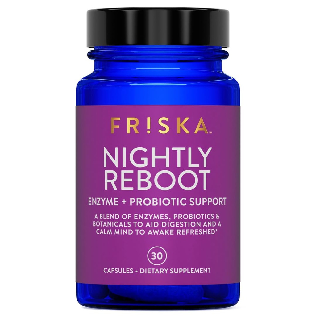 FRISKA Gece Reboot Enzyme ve Probiyotiks Supplement, Daha İyi Digestion ve Sleep, Erkekler ve Kadınlar için Gut Health, Melatonin, Chamomile, 30 Capsules