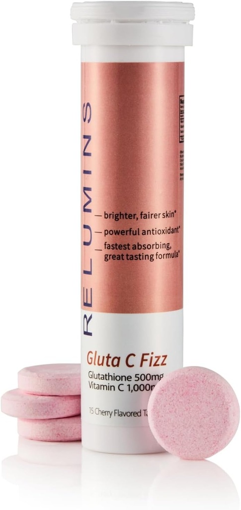 Relumins Gluta C Fizz - High Dose, Fast Absorption 500mg Glutathione & 1000mg Vitamin C - Cherry Flavored Effervescent Tablets | Detox, Collagen Boost | for Glowing, Rejuvenated Skin - 15 Tablets