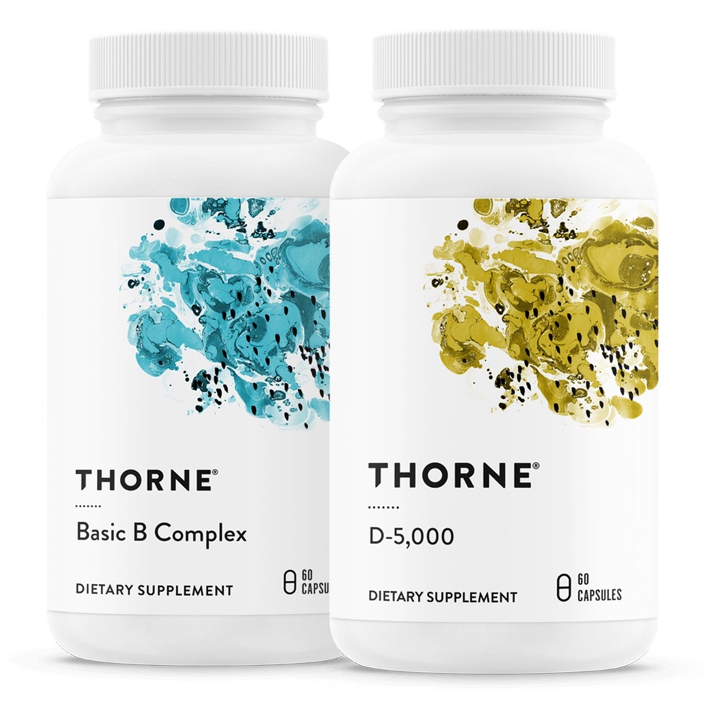 THORNE - Temel B Kompleksi (60 Capsules) & Vitamin D-5000 (60 Capsules) Sche - Destek Hücre Enerji Üretimi, Beyin Sağlığı ve Sağlıklı Kemikler - Gluten, Süt & Soy-Free Bones
