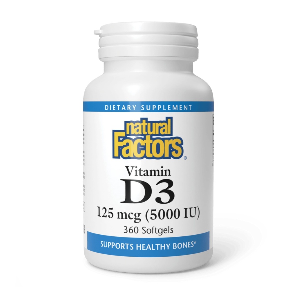 Doğal Faktörler, Vitamin D3 5000 IU (125 mcg), Güçlü Bones, Muscles ve Immune Function, 360 Softgels