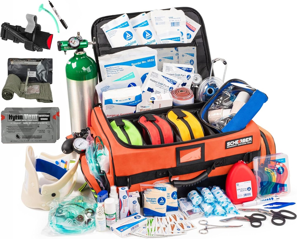 Scherber Full-Stocked Premium First Responder Bag | HSA/FSA Onaylandı | Büyük Pro EMT/EMS Travma, Bleeding & Oksijen Medical Kit | CAT Tourniquet, HyFin Chest & 260+ İlk Yardım (Orange)