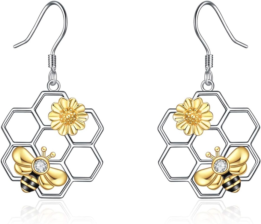 LUHE Bee Earrings for Women 925 Sterling Silver Bumble Earrings with Honeycomb Honeybee Jewel Dound Hediye for Women
