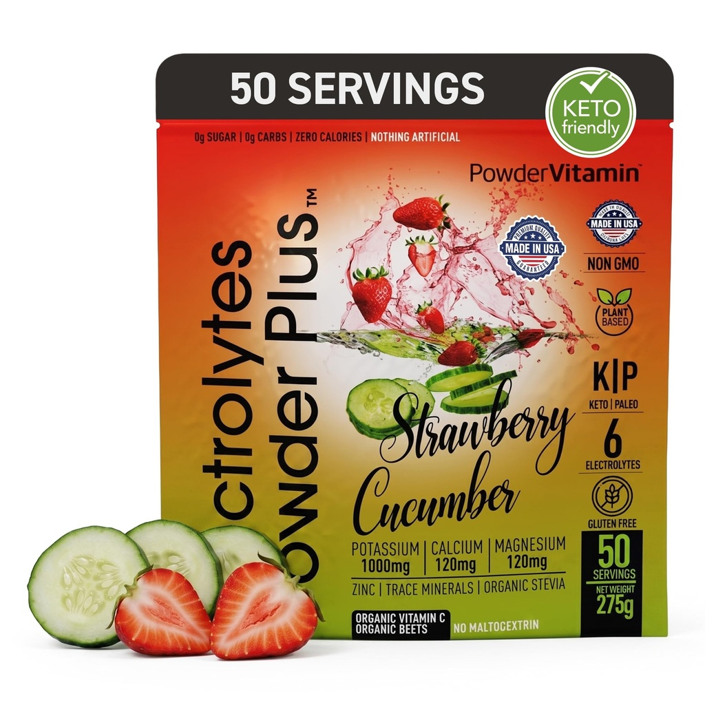 Elektrolytes Toz Plus (50 Hizmetler), 0 Calorie Keto, 0 Sugar, No Maltodextrin,1000 mg Pyum,120 mgdis,120 mg Magnezyum, Hydration Toz (50 Hizmet, Strawberry Cucumber)