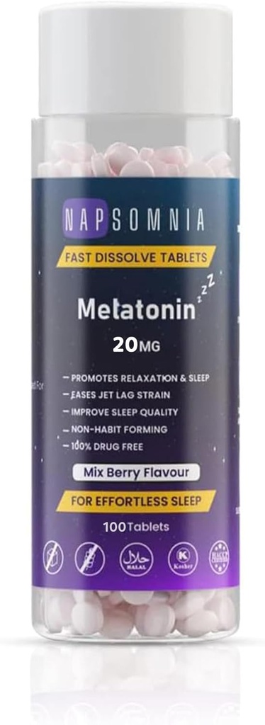 Melatonin Fast Dissolve Tabletleri - Mix Berry Chewable Melatonin Tabletleri - Yetişkinler için Kanatonin Uyku Yardımı - Sugar Free Melatonin Tabletleri Restful Sleep | 20 MG (100)