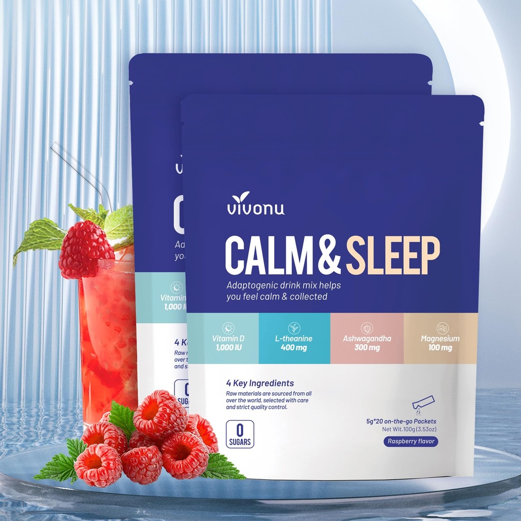 Calm & Sleep Tozed Drink Mix Raspberry L Theanine Ksm-66 Ashwagandha Magnezyum Glycinate Vitamin D 3 Supplements for Relaxation & Focus No Sugar Non GMO