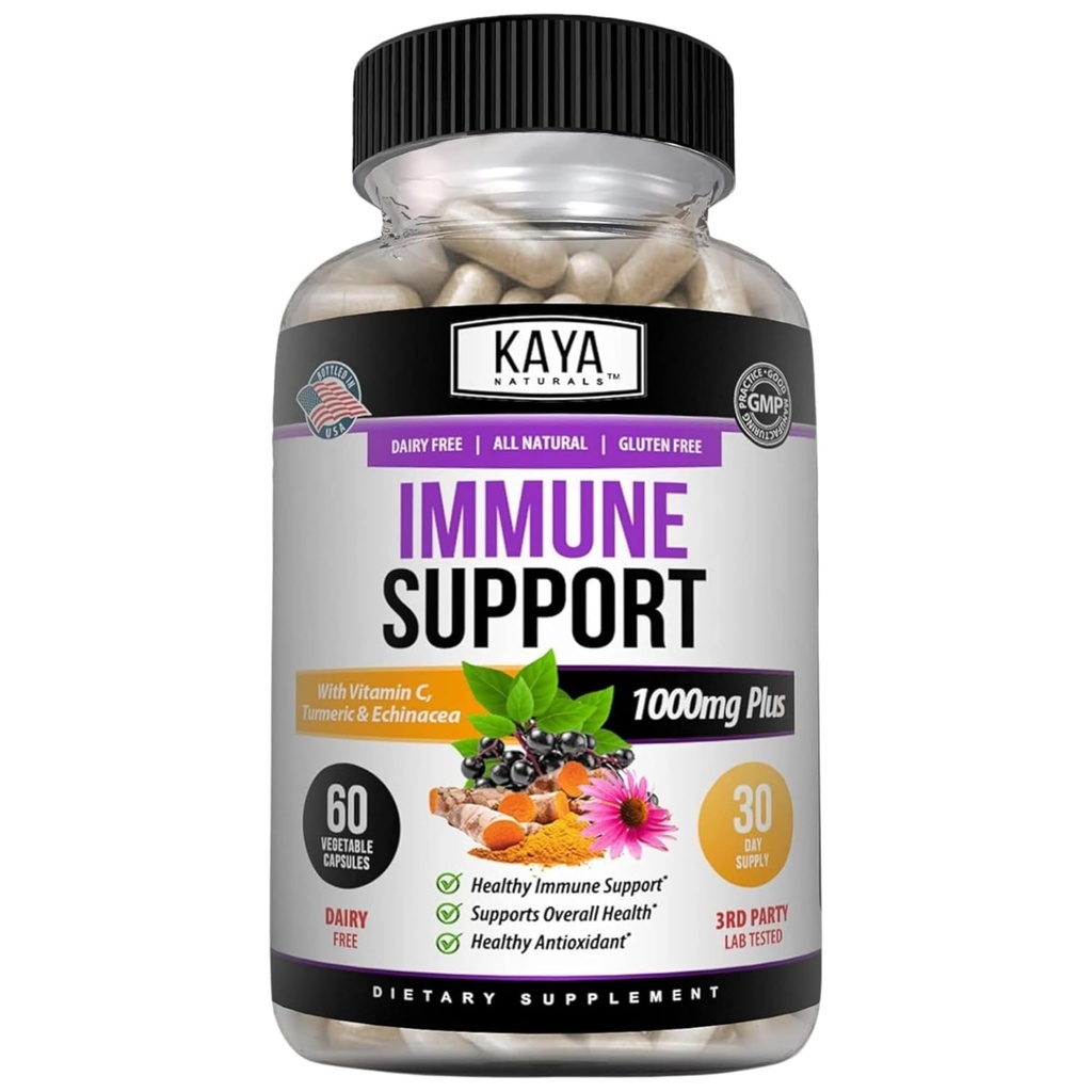 Kaya Naturals Elderberry Immune Support, Elderberry with Zinc and Vitamin C for Adults Vitamins, Probiotics & Turmeric 1000mg Immune System Booster Sambucus Capsules - 60 Count