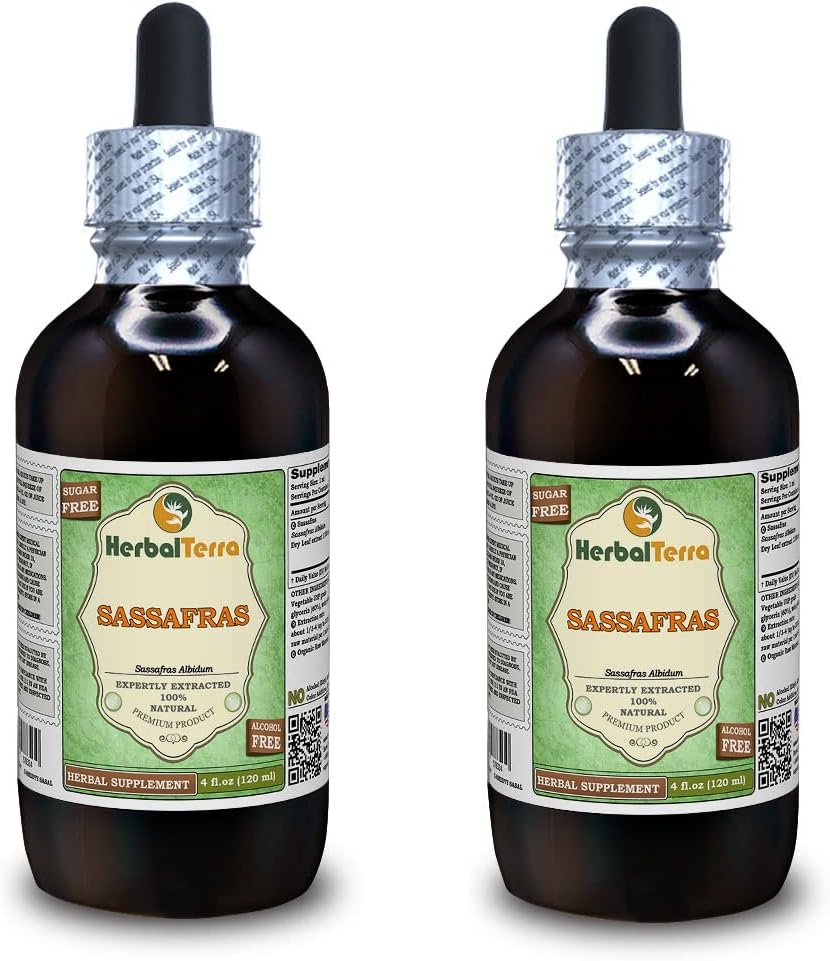 Organik Sassafras (Sassafras Albidum) Glycerite, kuru Leaves Alkol Özgür Sıvı Ekstraksiyon (Brand Name: HerbalTerra, Proudly Made in USA) 2x4 fl.oz (2x120 ml)