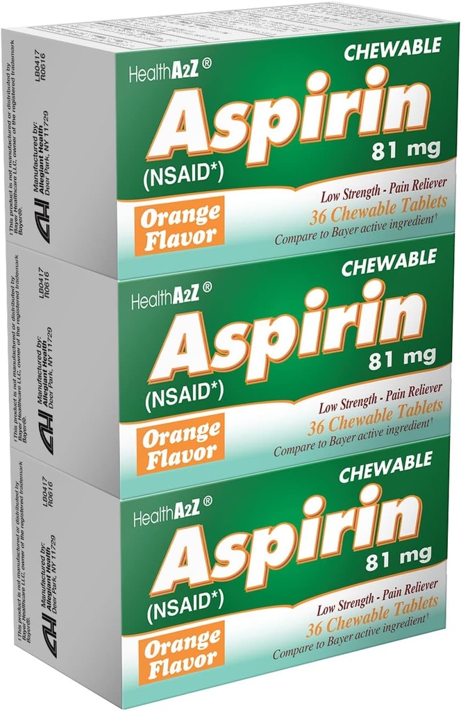 HealthA2Z® Aspirin 81mg | Low Strength Chewable Tablets | Pain Relief & Fever Reducer | Orange Flavor | Reduces Minor Aches, Headache & Muscle Pain | 36 Count (Pack of 3)