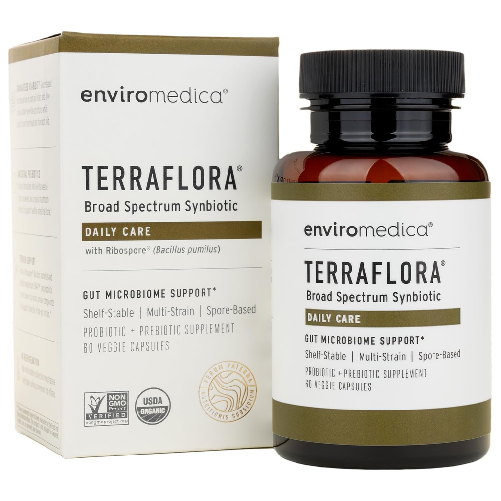 Terraflora Daily Care synbiotic of probiotics and prebiotics for Women and Men 60 ct, Soil Based, Shelf Stable, allergen Friendly Spore Based Supplement Capsules Promote Gut Health by Enviromedica
