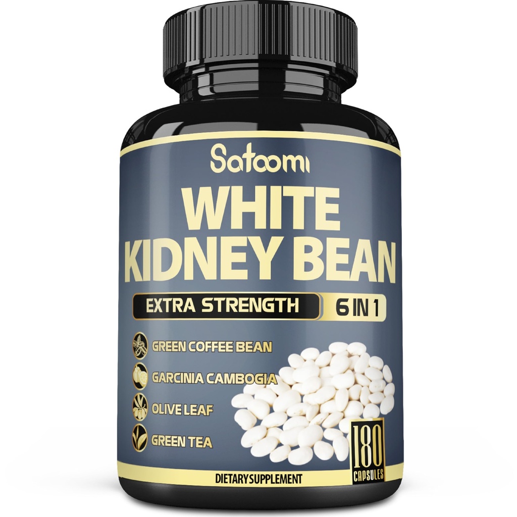 Satoomi 6in1 White Kidney Bean Extract Capsules - 6 Ay Supply - Olive Leaf, Green Coffee Bean & Green Tea - 180 Sayı