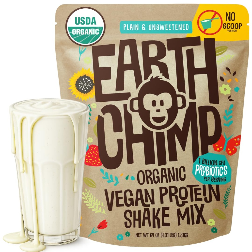DünyaChimp Organik Vegan Protein Tozu - Probiyotiklerle - GMO, Süt Ücretsiz, Whey, Fabrika Kadınlar ve Erkekler için Temel Protein Tozu, Gluten Free - 52 Hizmetler 64 Oz (Plain & Unsweetened) Hayır Scoopop