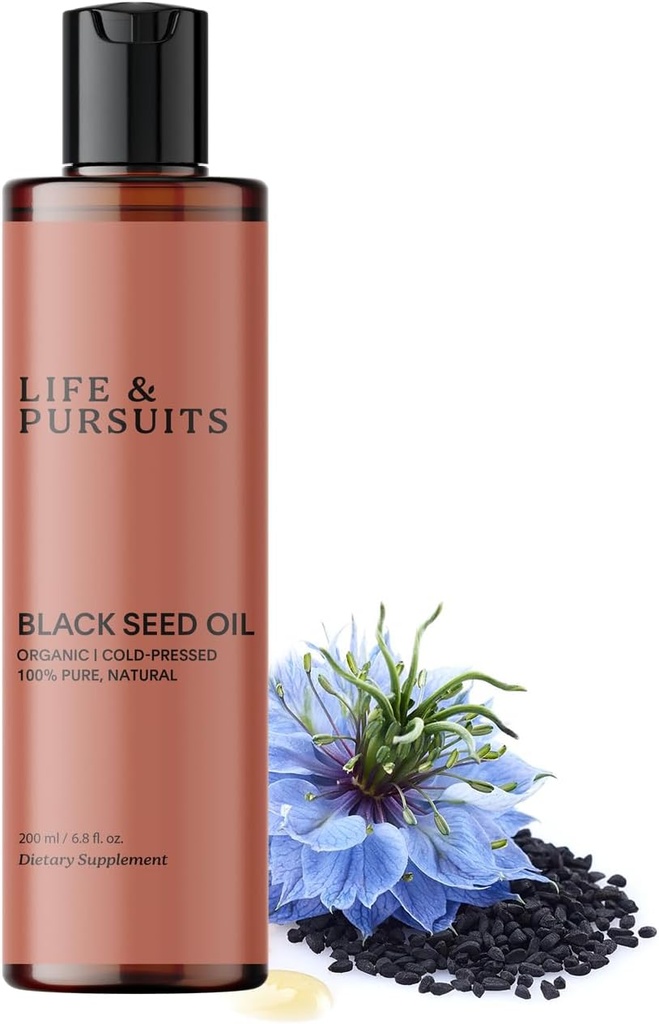 Life & Pursuits Organic Black Seed Oil (Kalonji) - 100% Pure, Natural, Cold Pressed | Natural Source of Thymoquinone & Omega 3 6 9 | Antioxidant for Immune Support, Hair & Skin (6.8 Fl Oz)