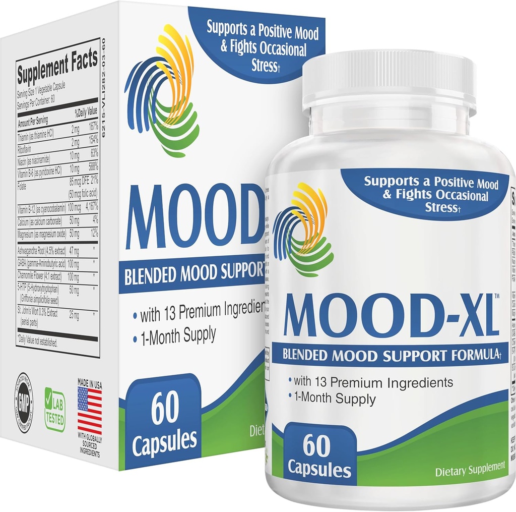 Mood-XL: 30-Day Mood Support Supplement (All-in-1 Mix) ile 13 Aktif Malzemeler | Sağlıklı Mood Supplements & Vitamins | 1-Month Supply | 60 Capsules | 1Month Supply | 60 Capsules