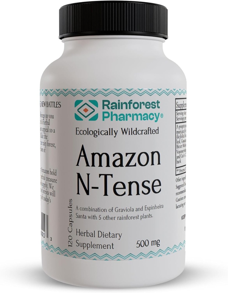 Rainforest Eczane N-Tense Soursop Graviola Capsules 500 mg | Wildcrafted Graviola Plus 7 Rainforest Herbs to Supports Normal Hücre Sağlığını Desteklemek için