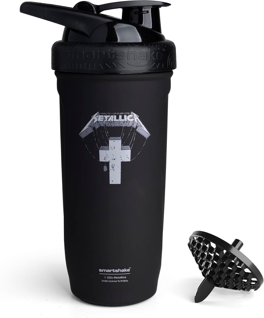 Smartshake Rockband Reforce Paslanmaz Çelik Protein Shaker Şişe 900 ml | 30 oz - Leakproof Vida-on Lid - BPA Ücretsiz - Uniseks - Metallica, Master of Puppets Logo on Şişe