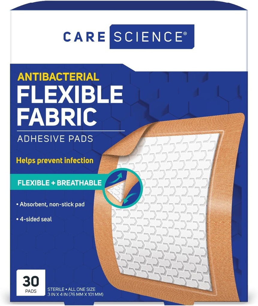 Bakım Bilimi Fabric Prestige Pad Bandajları, 3x4 inç Ekstra Büyük Esnek Non-Stick Strip, Enfeksiyonu önlemeye yardımcı olur, İlk Yardım ve Yara Bakımı için 30 Count