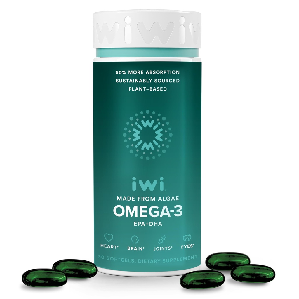 Iwi Omega-3, 30 Softgels (30 Hizmetler), Vegan Plant-Based Algae Omega 3 with EPA + DHA, Whole-Body Support Diyetary Supplement, Krill & Fish Oil Alternative, No Fishy Aftertaste