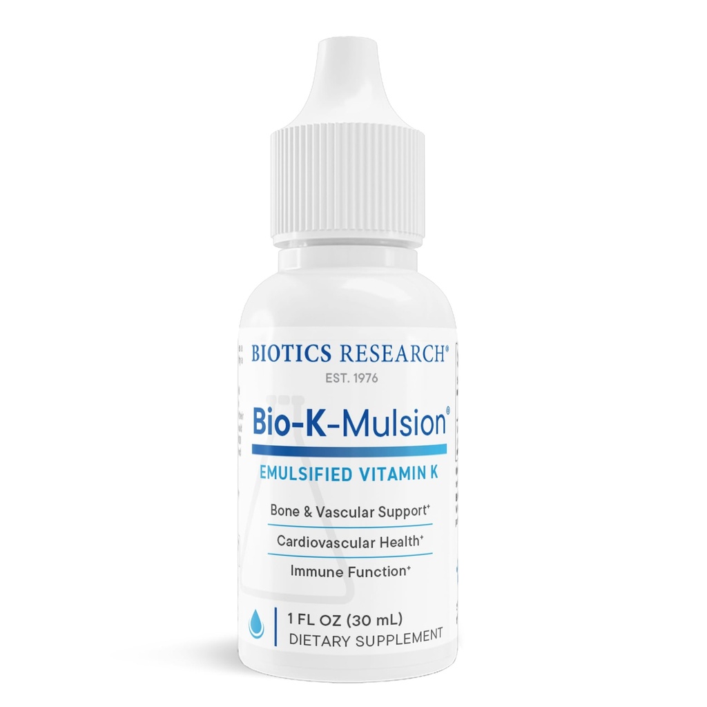 Biotics Araştırma Biyo K Mulsion Sıvı Vitamin K Drops - 500 mcg /S - Yetişkinler için K1 fitnadione - VIT K Supplement - Güçlü Bones, Heart Health, Blood Clotting Support, 1 fl ozz